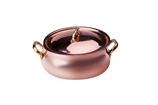 Casseruola bassa bombata in rame liscio stagnato a mano 2mm – 2 maniglie 1 coperchio