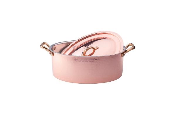 Casseruola ovale in rame martellato stagnato 2mm – 2 maniglie 1 coperchio 1