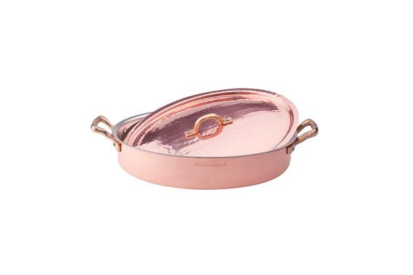 Tegame ovale in rame martellato stagnato 2mm – 2 maniglie 1 coperchio 1